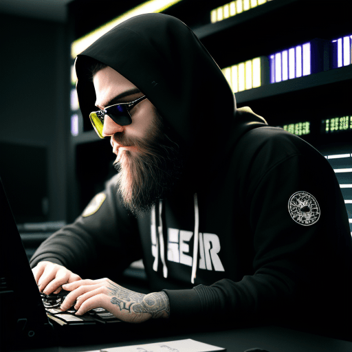 AI generated: 457 / 5. 000 482 / 5. 000 hacker, darkroom, coder, computer, man, medium beard, cool, grunge, (typin...