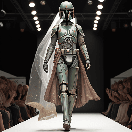 AI generated: a full scale full body boba fett on a catwalk wearing a dress adorned with small metal ajoure circle...