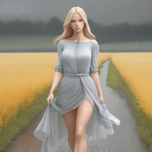 AI generated: a blonde woman with blue eyes, in the style of natural and timeless beauty, on a rainy day walking i...