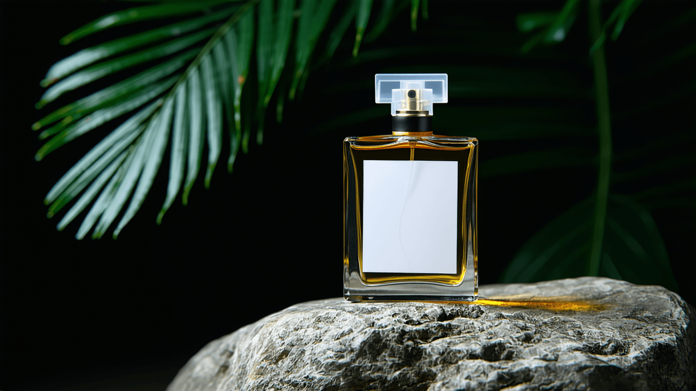 AI generated: High resolution photography of a luxury perfume bottle on a rock in 45 degrees with plastic white em...