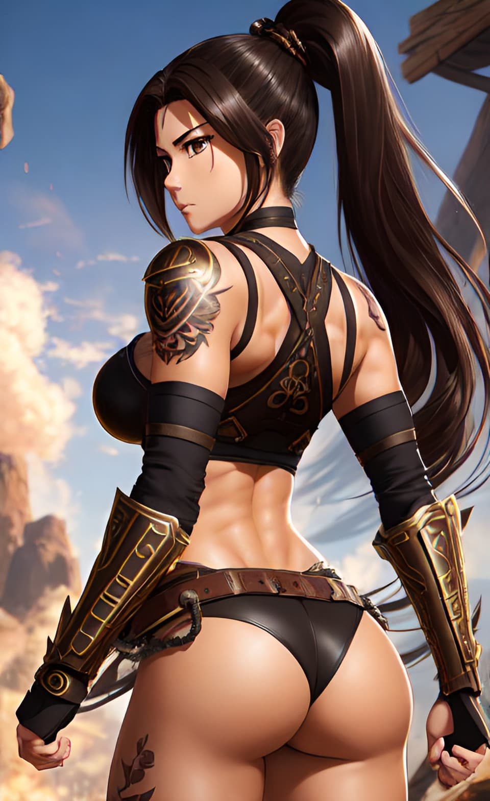 AI generated: Anime portrait of a toned athletic female character, long dark fantasy hair, body armor, detailed, v...