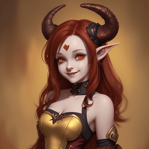 AI generated: small cute tiefling woman barde short dress long dark red hair two golden horns and two side buns as...