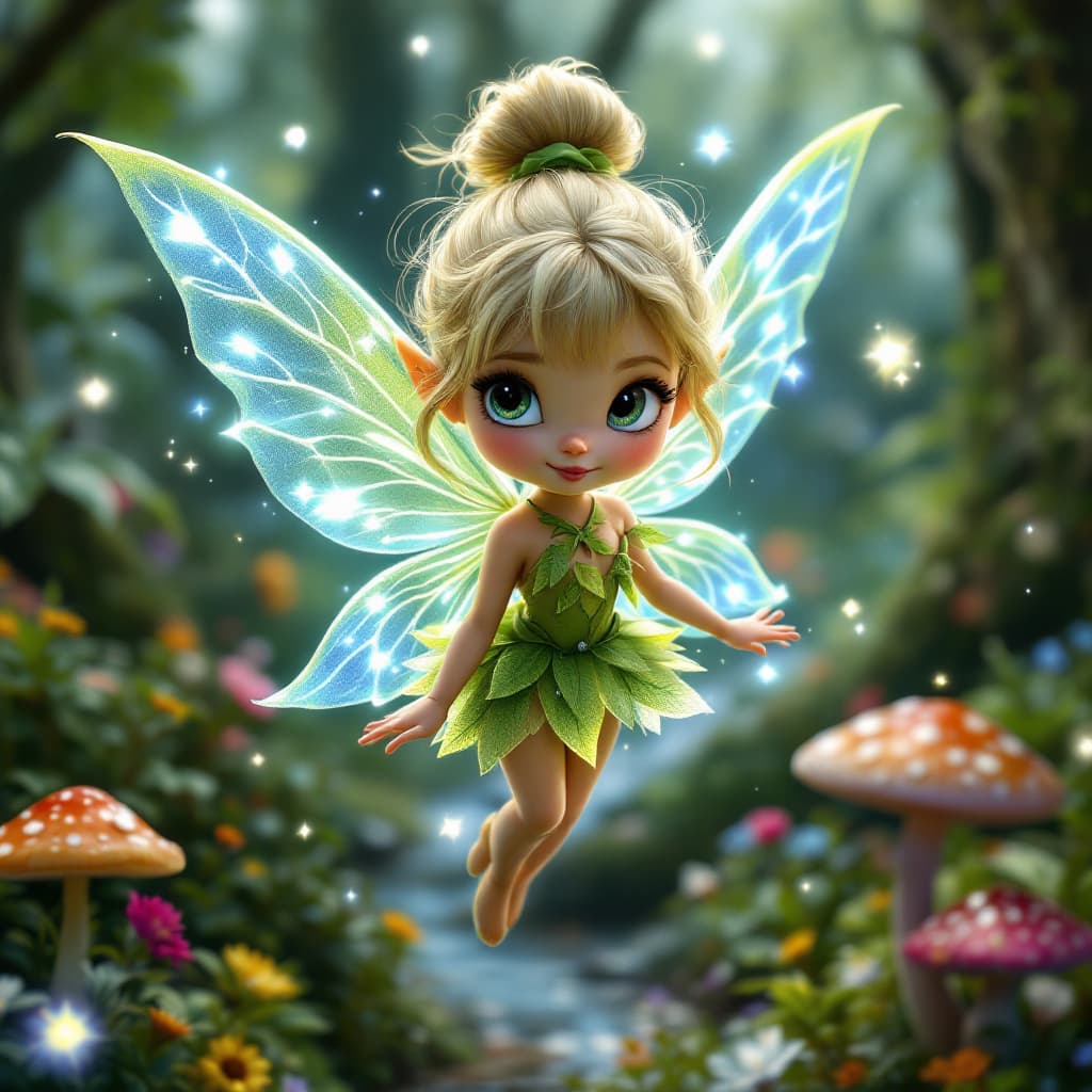 AI generated: Create an enchanting, tiny fairy with glowing translucent wings, dressed in a vibrant green leaf-ins...