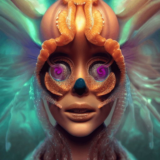 AI generated: Goddess close-up portrait ribcagel. jellyfish phoenix head, nautilus, orchid, skull, betta fish, bio...