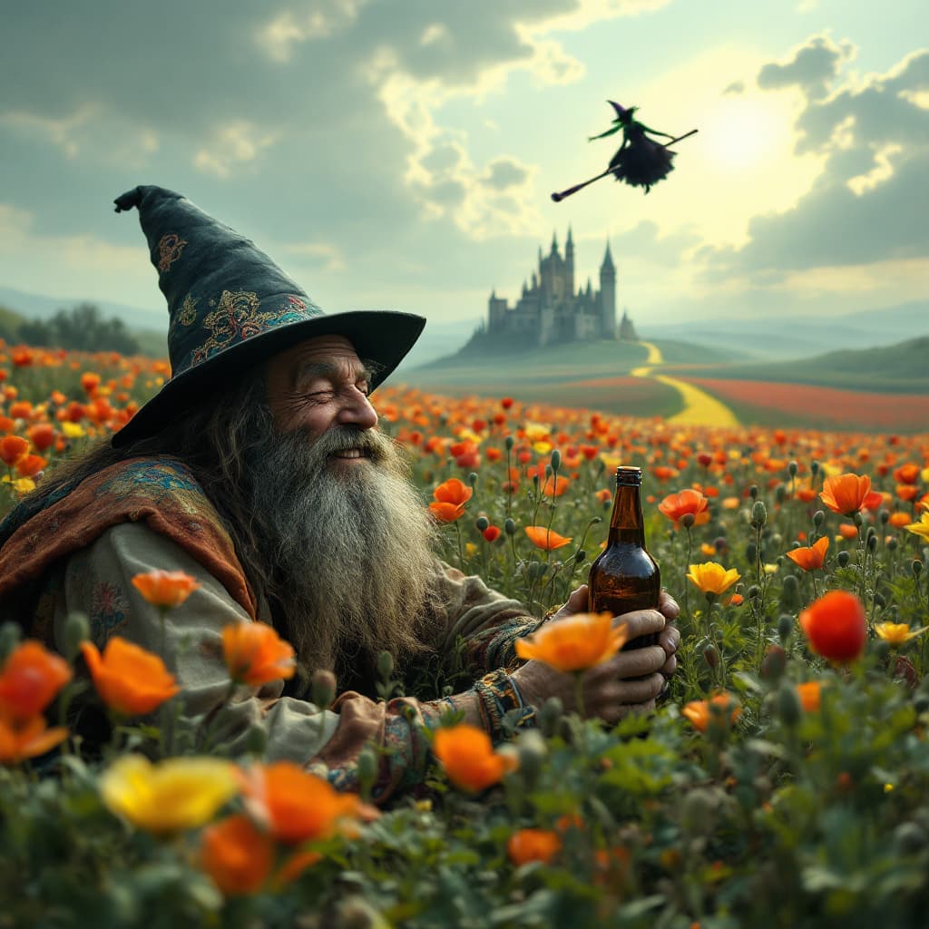 AI generated: a totally wasted  hippie with a dopey grin partly closed eyes is  in a field of poppies laying prone...
