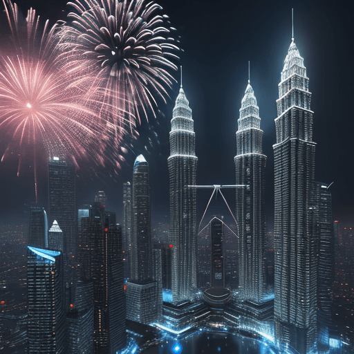 AI generated: city in night, Sci-fi, high-tech white environment with a reflective, holographic surface，KLCC, fire...