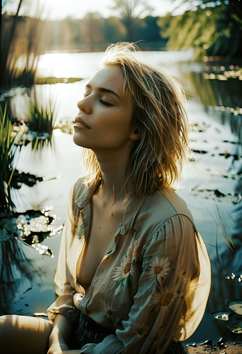 AI generated: This is a photograph of a woman with shoulder-length tousled blonde hair. Her her eyes are closed in...