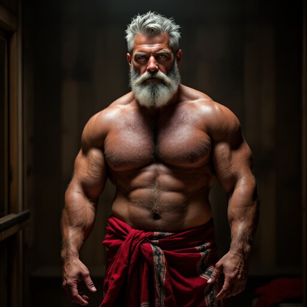 AI generated: Handsome muscular 40-year-old daddy, hairy chest, with silver salt and pepper hair and beard, broad ...