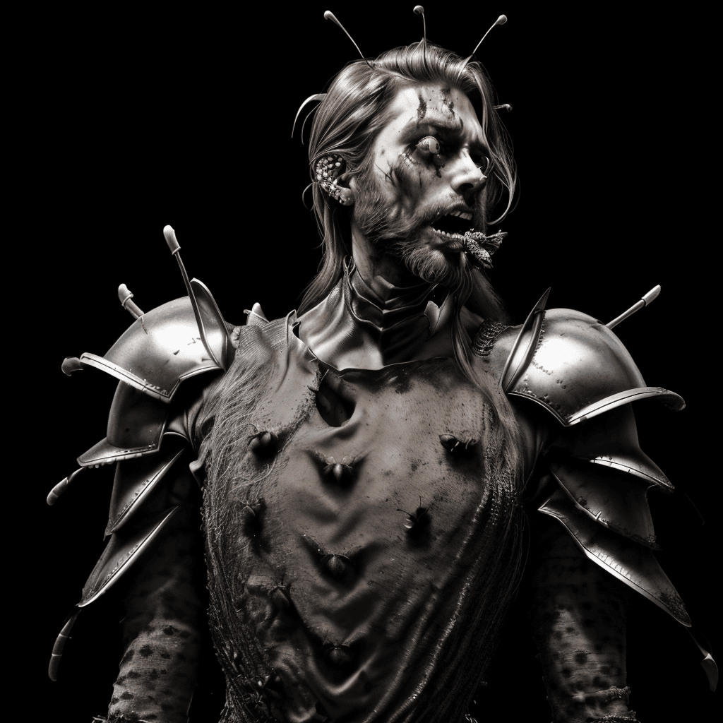 AI generated: Bugs under a mans skin, holes on his body. ((mediaval letter armored dress)), scary, bugs eating him...