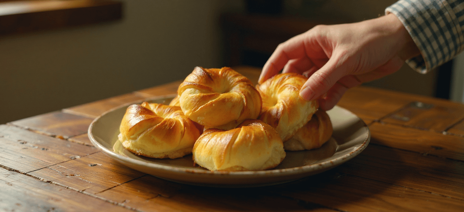 AI generated: A realistic cinematic food close-up of freshly baked round golden sweet buns, without sesame seeds, ...