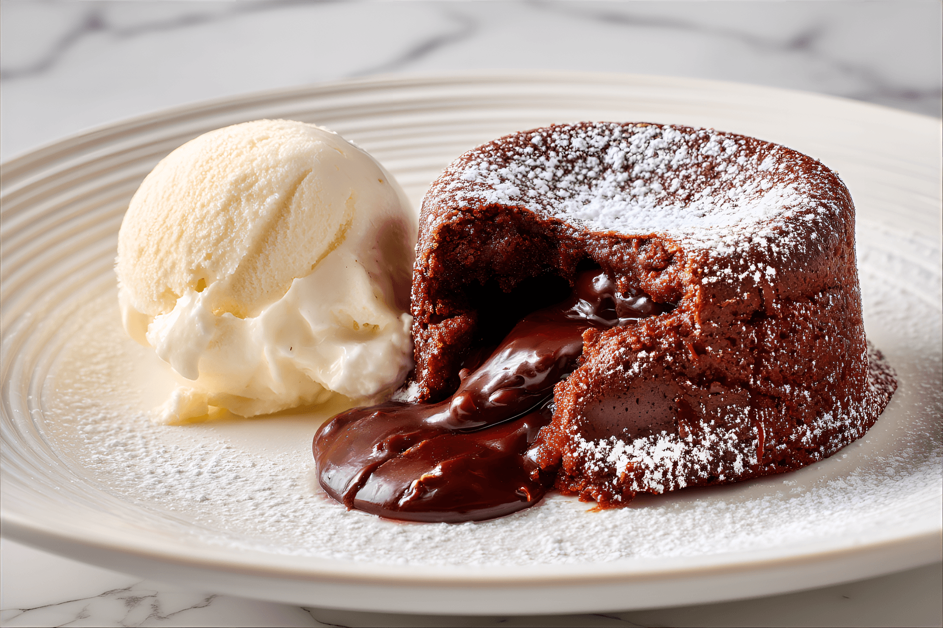 AI generated: decadent chocolate lava cake on a pristine white plate, placed delicately on a marble countertop. Th...