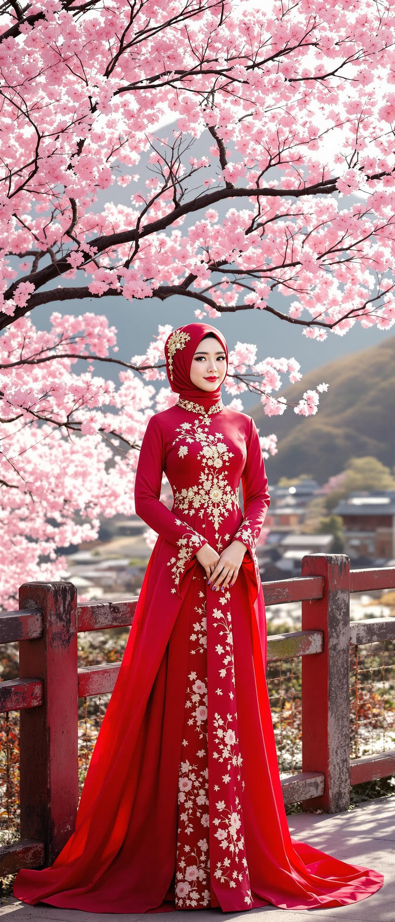 AI generated: A person, korean ulzzang face, japanese girl, red hijab, wearing a red wedding long dress, thighs dr...