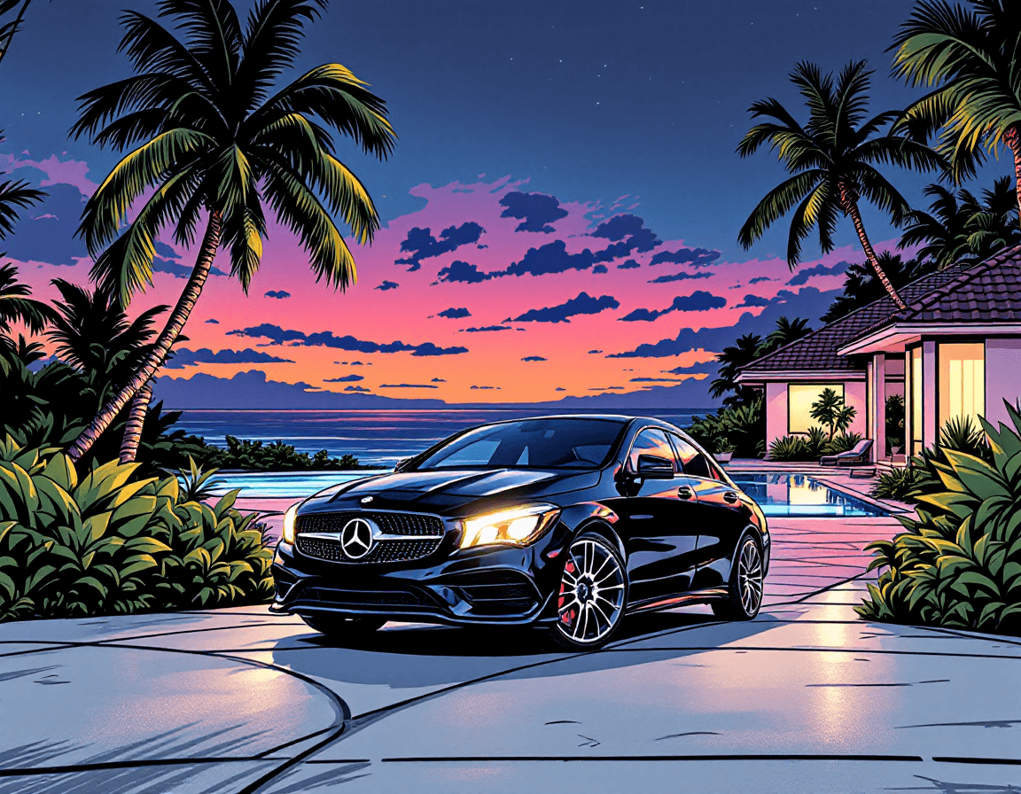AI generated: Inked Line art, comic book illustration of A turned off black MERCEDES BENZ CLA, lights turned off, ...