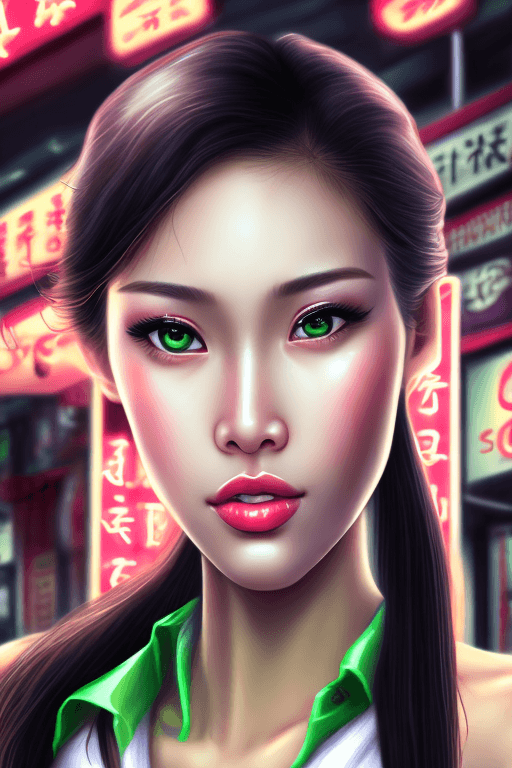 AI generated: realistic close portrait of very beautiful girl, a young supermodel girl, asian market backgroud, sh...