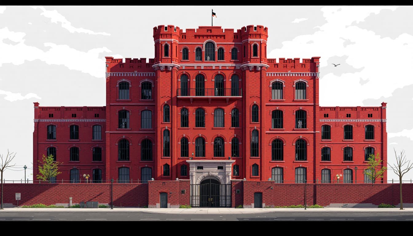 AI generated: (6-story:2.2) grand building, red exterior brick walls, prison atmosphere, bars on windows, gated, d...