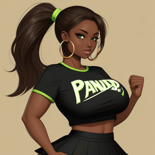 AI generated: pandad, brown hair, dark skin, green eyes, huge breasts, two tone hair, hoop earrings, single ponyta...