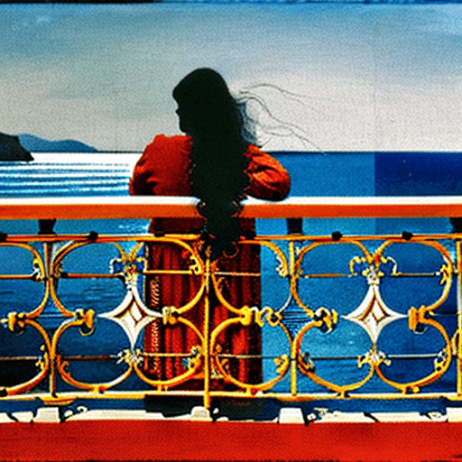 AI generated: Generate an image of a woman standing on a balcony with ornate wrought iron railing. In the backgrou...