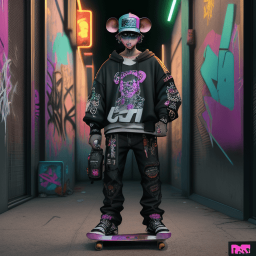AI generated: Cyberpunk style, a mouse standing on a skateboard, wearing a backwards baseball cap and holding a bo...