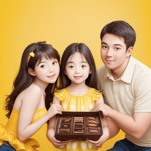 AI generated: portrait photography of a family sharing a chocolat cookie box on a yellow background, with chocolat...