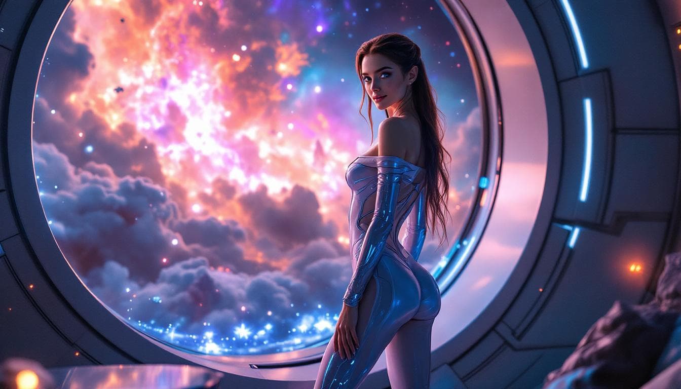 AI generated: Sci-fi, hotmodel, metallic shiny blue and white nightwear with integrated high-tech stockings, an el...