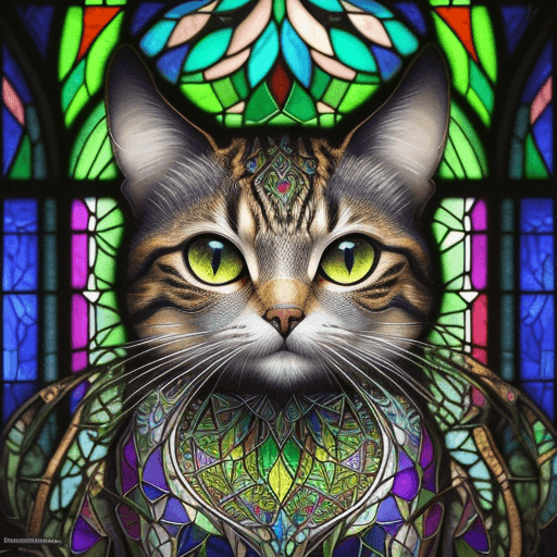 AI generated: stained glass art of cat, mosaic-stained glass art, stained-glass illustration, close up, portrait, ...