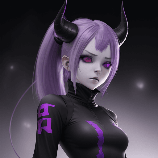 AI generated: 
beautiful girl, pretty face, pale-skinned demon girl in techwear, purple hair ponytail, short horns...