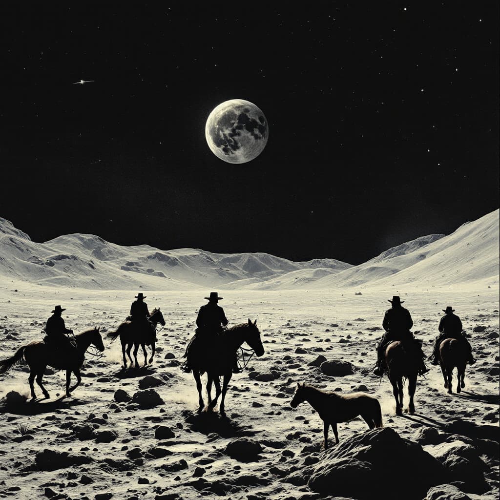 AI generated: cowboys riding horses on the lunar surface