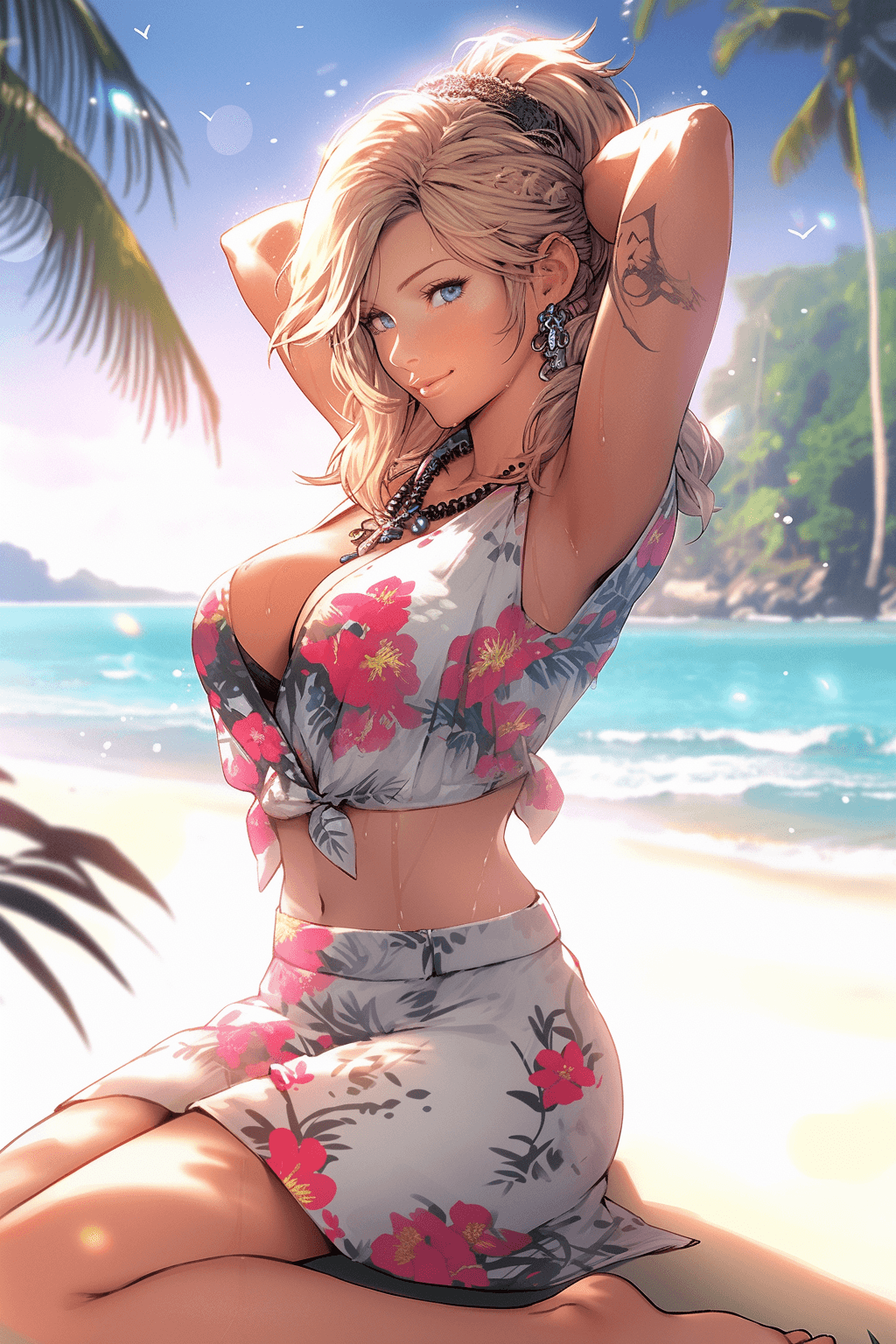 AI generated: an attractive teacher bombshell on a tropical beach in swimsuit by buriki