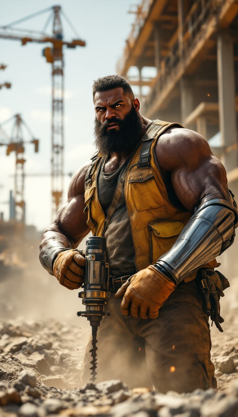 AI generated: A photorealistic candid shot of a towering, muscular man with dark skin, a thick beard, and an inten...