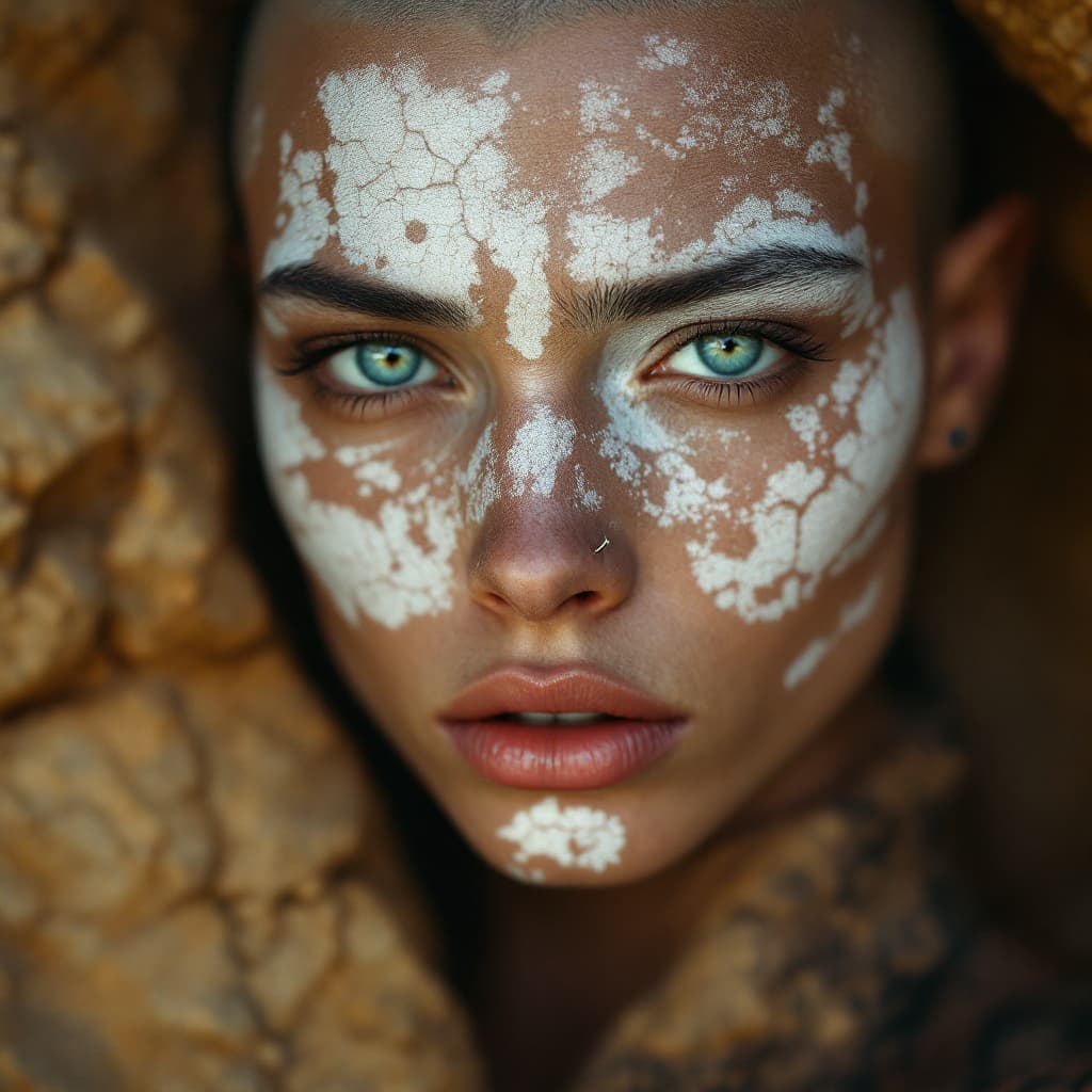 AI generated: “Close-up of an androgynous model with vitiligo, shaved eyebrows, nose piercing, looking directly in...