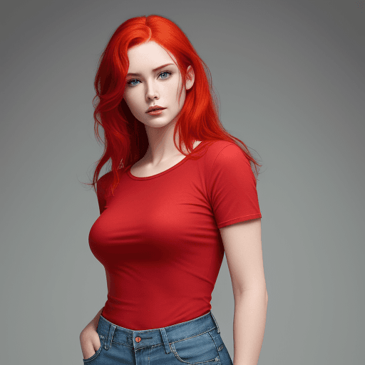 AI generated: high resolution image of a pretty woman wearing bluejeans and a red shirt with red hair 