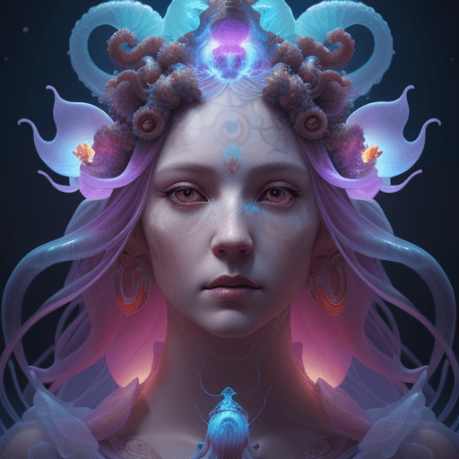 AI generated: Goddess close-up portrait ribcagel. jellyfish phoenix head, nautilus, orchid, skull, betta fish, bio...
