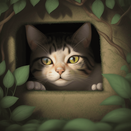 AI generated: Photo of a an animated realistic cat hiding in bushes

