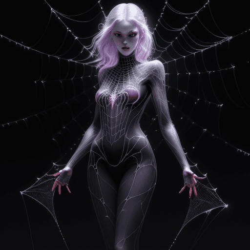 AI generated: a stunning realistic photoshoot of young pale skin lady, webs intigrating into glow hair, spider and...