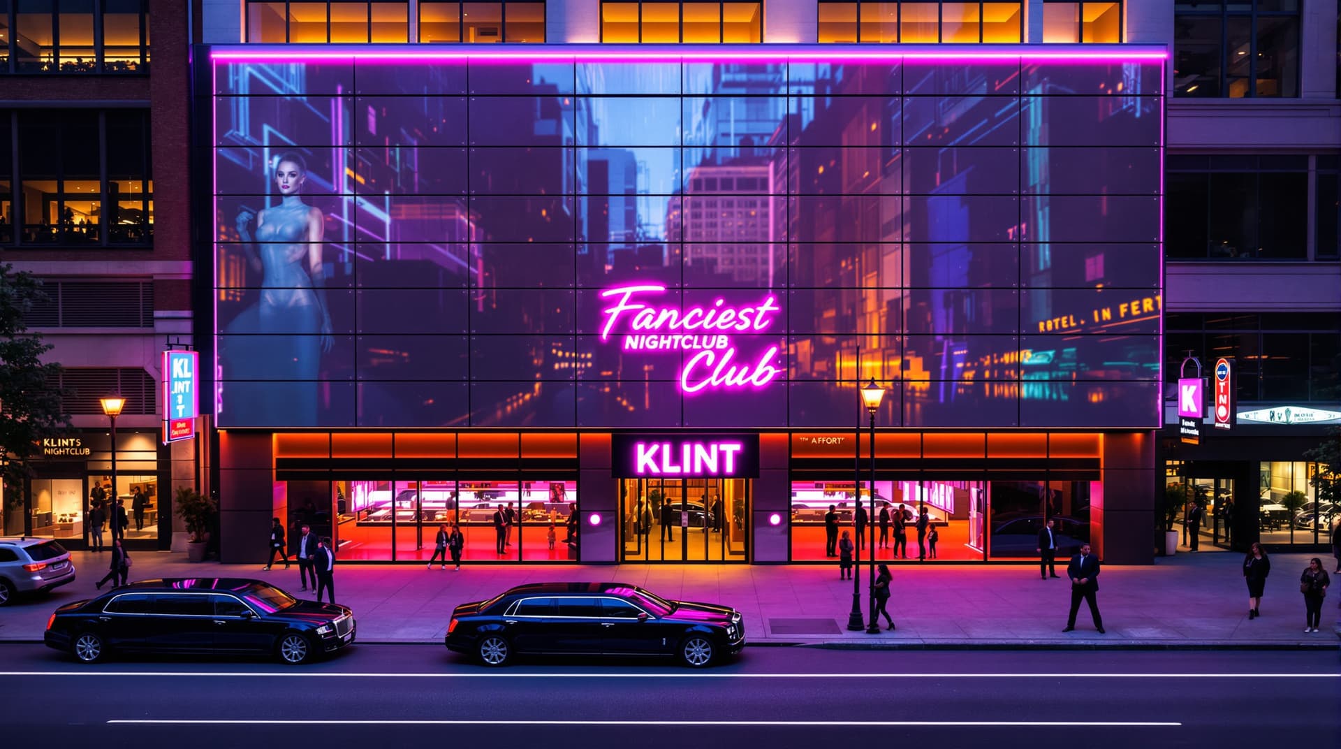 AI generated: High angle view. The facade of the fanciest nightclub in town, with reflective panels, located in th...
