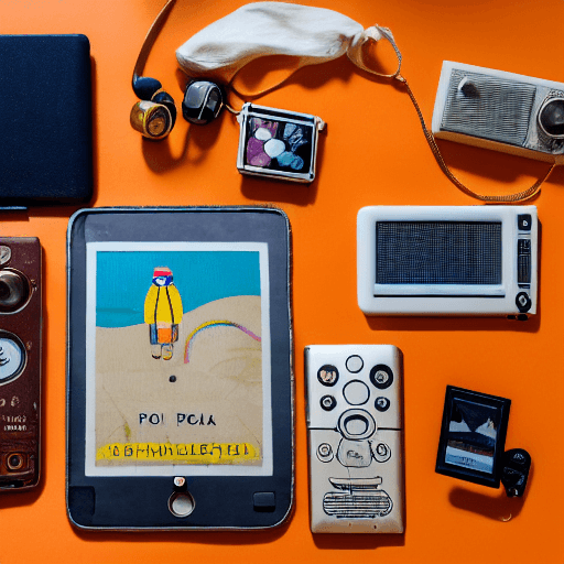 AI generated: a flatlay of objects, including a mobile, laptop, ipad, photo camera, walkman, radio cassette, in th...