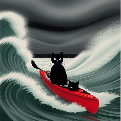 AI generated: Tuve Jansson color style illustration : : black cat in the kayak in the storm, big waves around : : ...