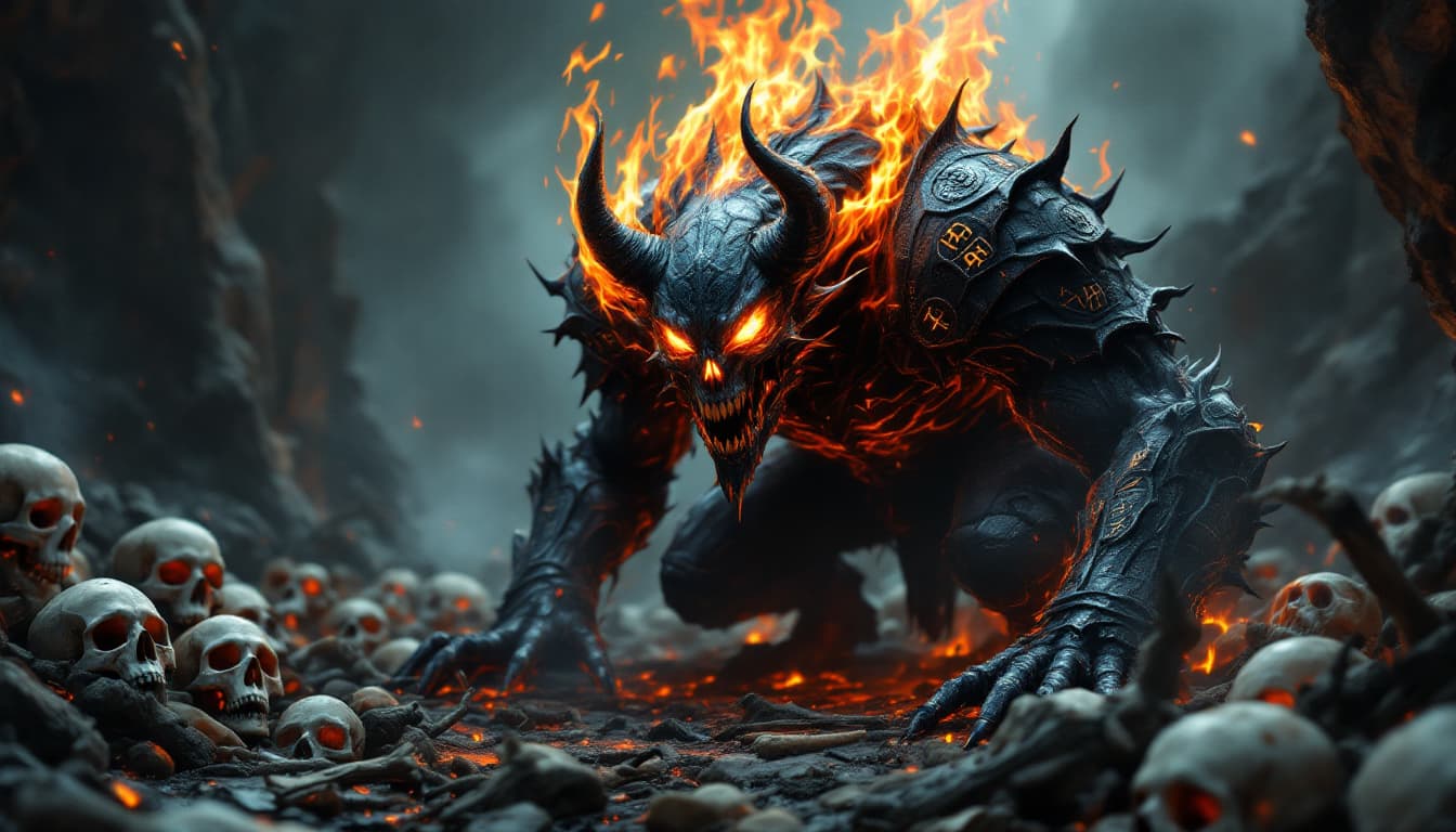 AI generated: Skulls and bones litter the ground, their hollow sockets reflecting the flames that dance around its...
