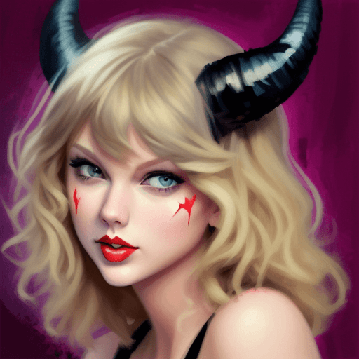 AI generated: taylor swift face with devil horns created with impressionist style brush strokes. 
