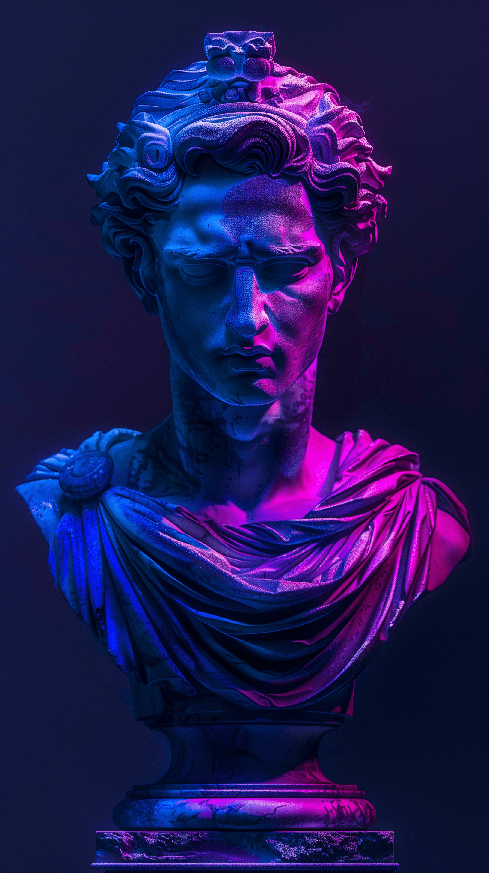 AI generated: neon glow classical bust, front view, deep purple and blue, isolated on a dark background, dramatic ...