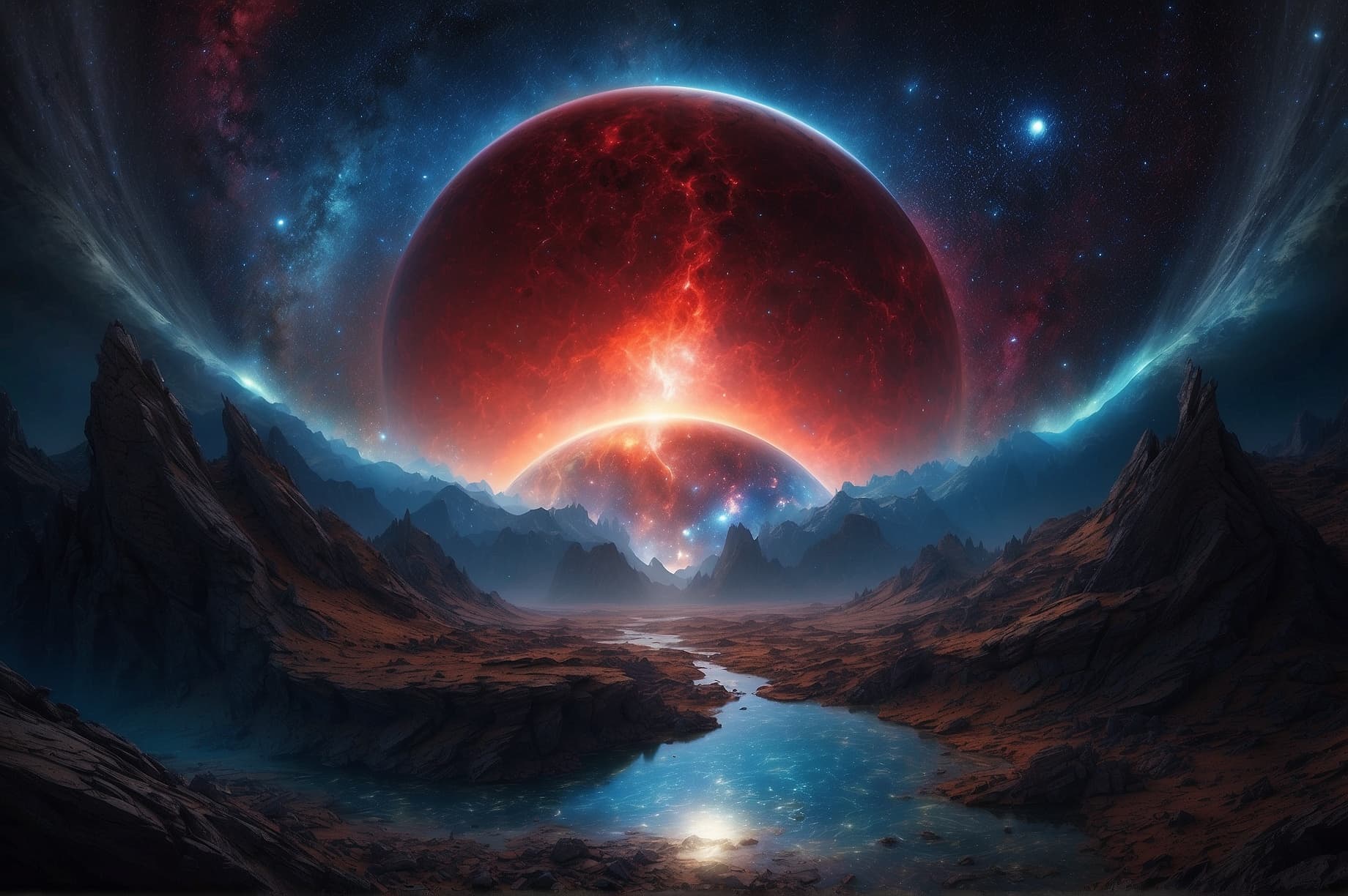 AI generated: This is a scene of a cosmic wonder, where two worlds collide in a dazzling display of light and powe...
