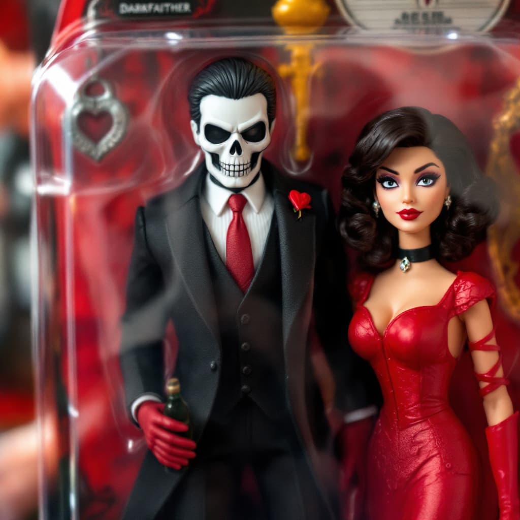 AI generated: A stylized collectible action figure in a toy package labeled "Darkfaither" for ages 18+, featuring ...