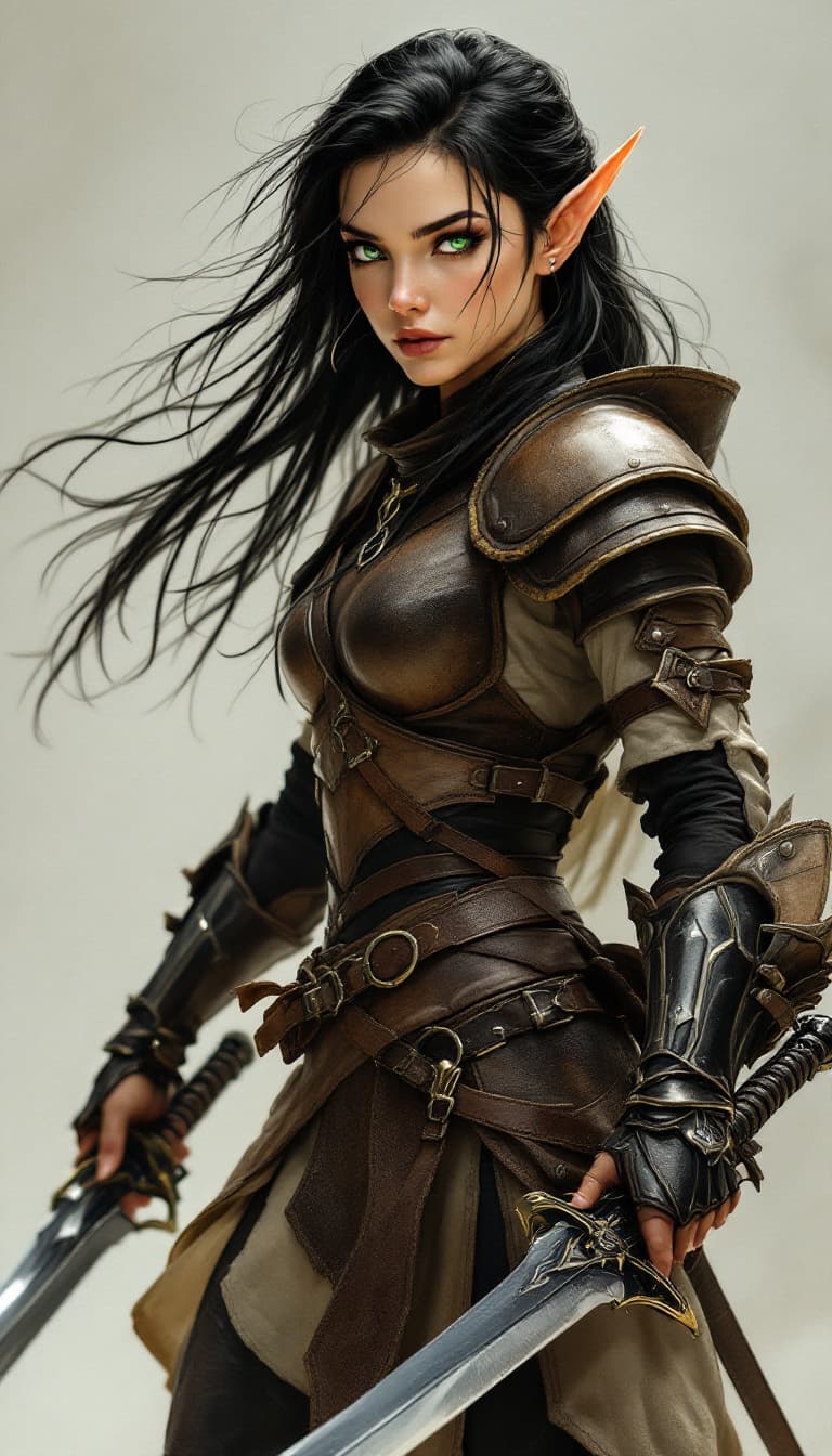 AI generated: A young female elf stands alert, her lengthy limbs and rippling, ebony hair form a powerful contrast...