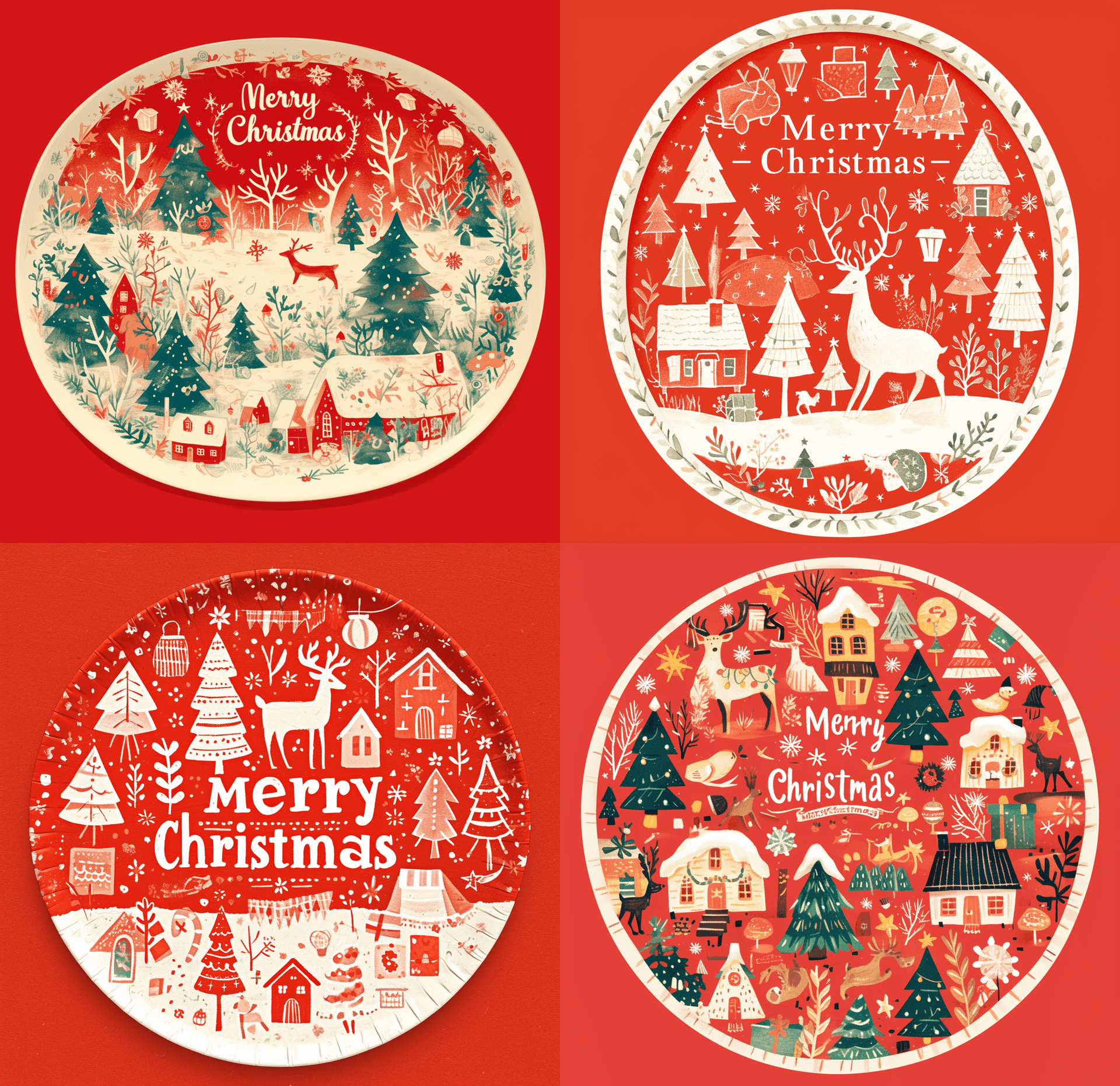AI generated: A large oval paper plate with the words "Merry Christmas" and snowflakes, reindeer and houses on it ...