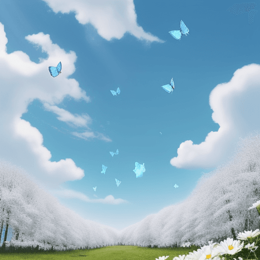 AI generated: Butterflies, flying. Flowers open. Forest sunshine. blue sky and white clouds
