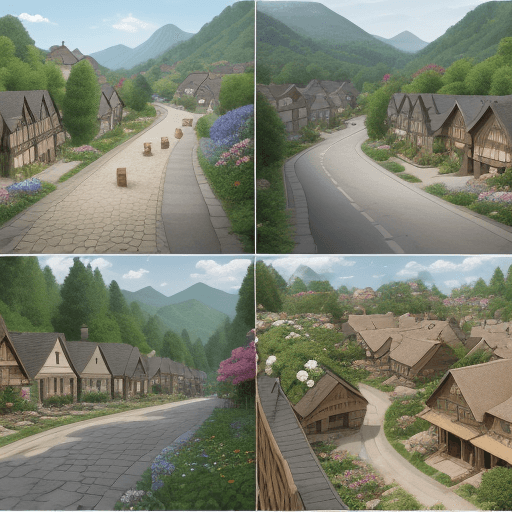 AI generated:  a beautiful and big village with houses made of wood and stone, a asphalt made and a little worn an...