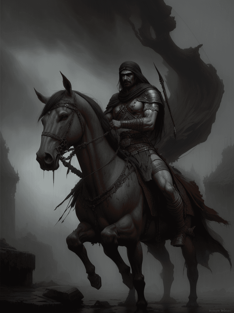 AI generated: portrait of a brutal Arabian warrior, rainy, epic composition, emotionally profound, symbaroum, digi...