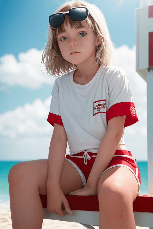 AI generated: 1girl, a girl as a lifeguard, sitting in the sun on a white lifeguard tower, plain white shirt, red ...