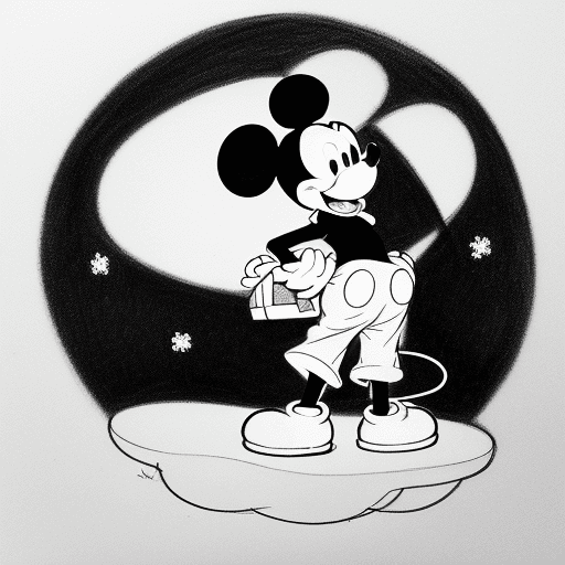 AI generated: Mickey Mouse carries a lot of presents, leans back under their weight, funny drawing with a simple p...