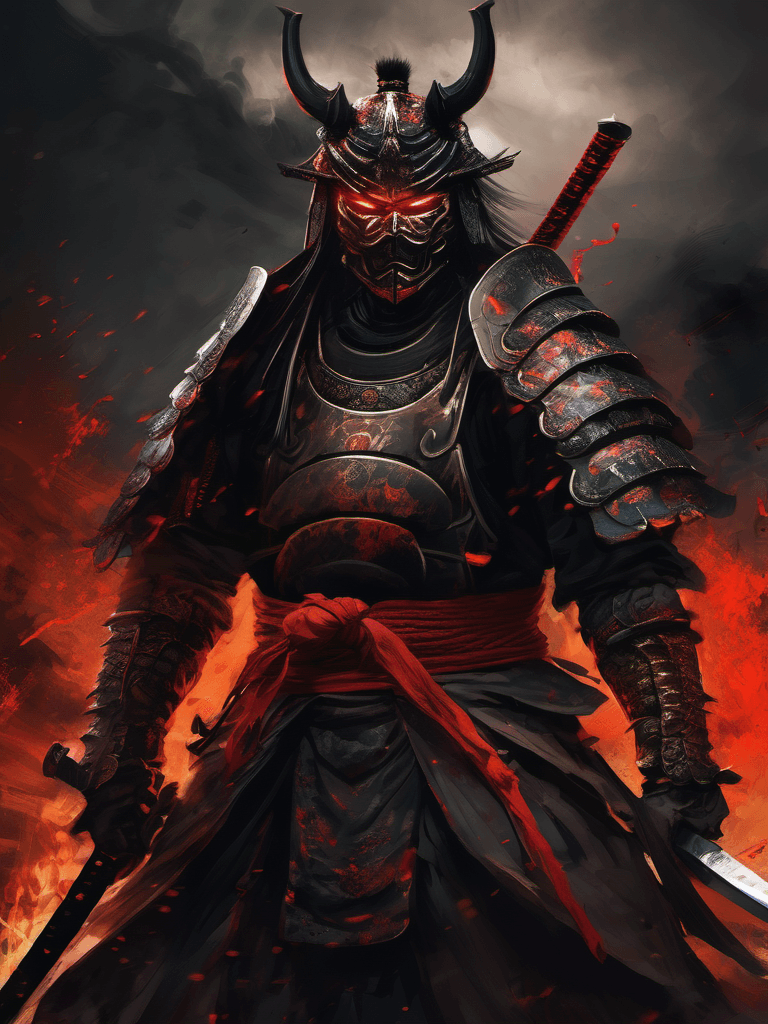 AI generated: unstoppable legendary demonic samurai in full battle gear, hellish, extremely brutal composition, di...